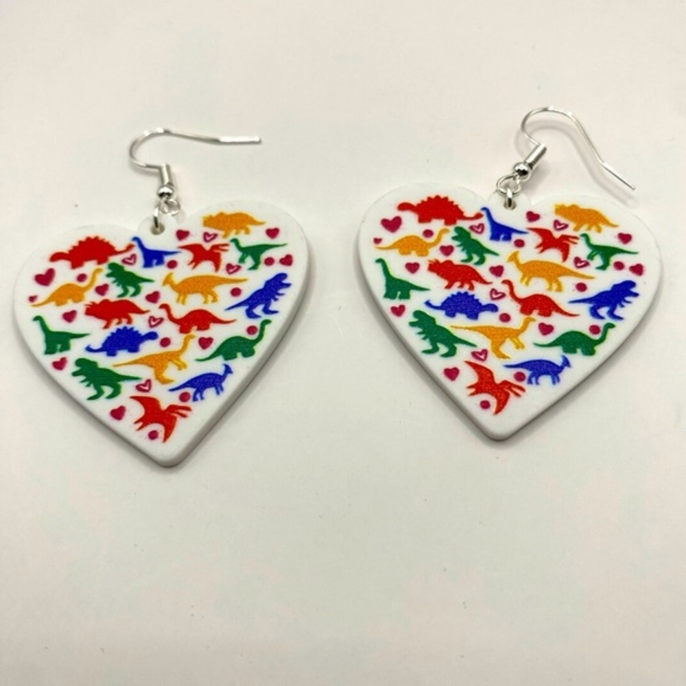 NWT - White Heart with Colorful Dinosaurs & mini hearts - acrylic earrings